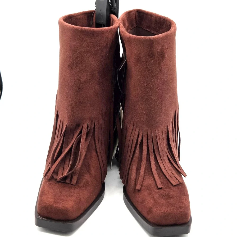 NEW Brown Suede Fringe Ankle Boots Booties Block Heel Zip Up Square Toe Size 6